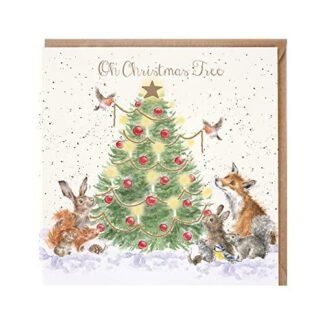 Christmas Card from Wrendale Designs - Oh Christmas Tree - Animals Decorating the Tree - Sophisticated Gold Foil Finish (WRE-X076)